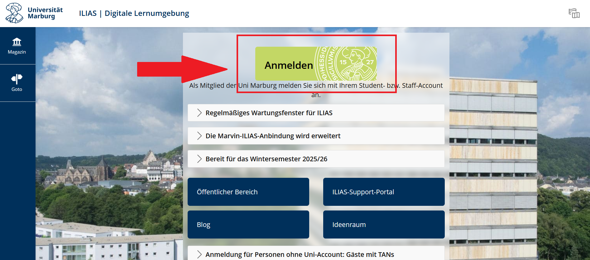 Screenshot der Anmeldeseite, der Loginbutton ist mit einem roten Kasten und roten Pfeil markiert.