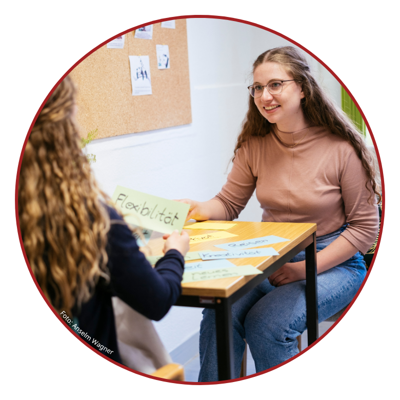 zwei Frauen sitzen sich am Tisch gegenüber; eine Beratungssituation wird abgebildet